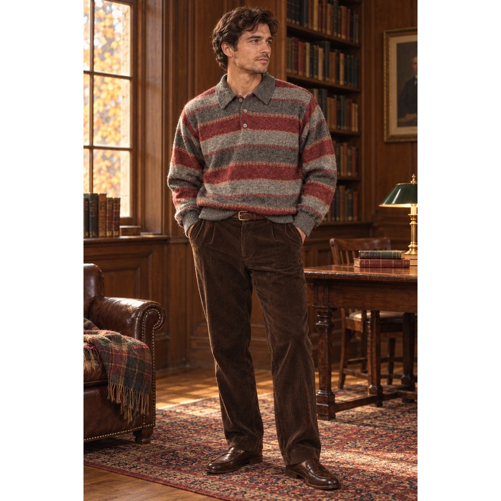 Field Gear XL Lambswool Cashmere Striped Polo Sweater Grey Red Vintage 90s Retro